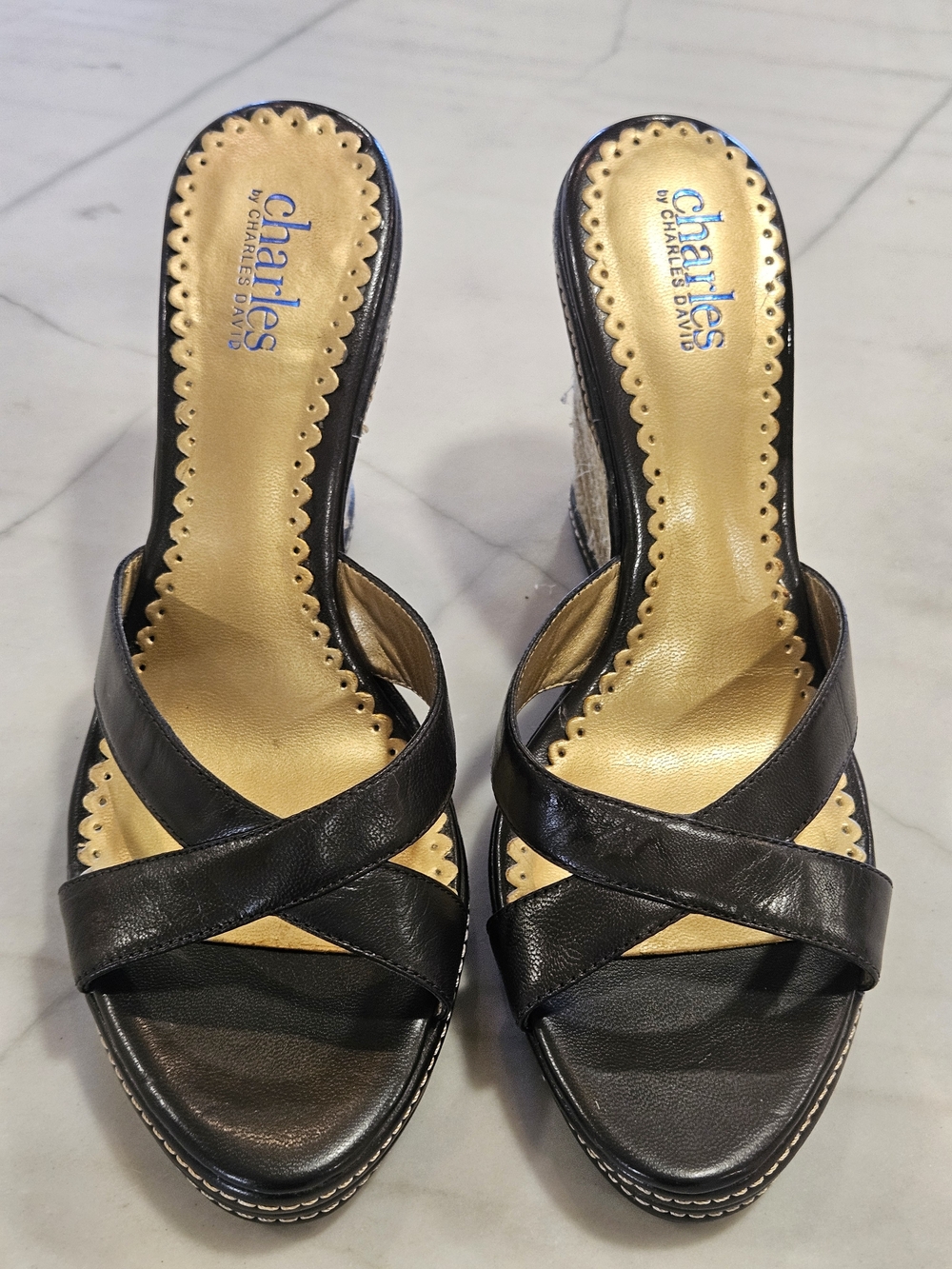 Vintage Charles David Black Leather Criss Cross Wedge Sandal Slide Sz 7.5